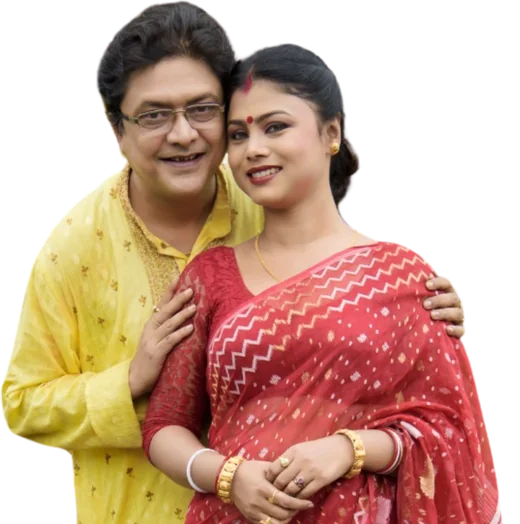 German Homoeo Lab brand ambassadors, a man in a yellow kurta and a woman in a red saree, standing together