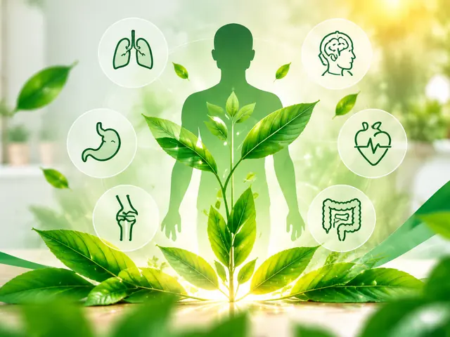Homoeopathic bottles, herbs and icons of body systems (illustrative image)