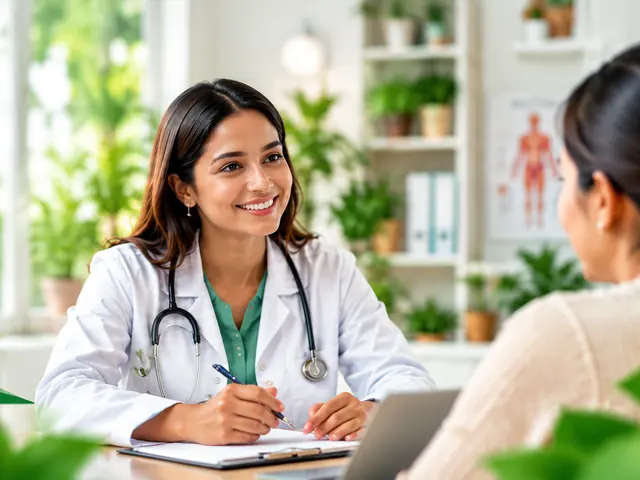 Doctor in consultation with a patient beside homoeopathic bottles (illustrative image)